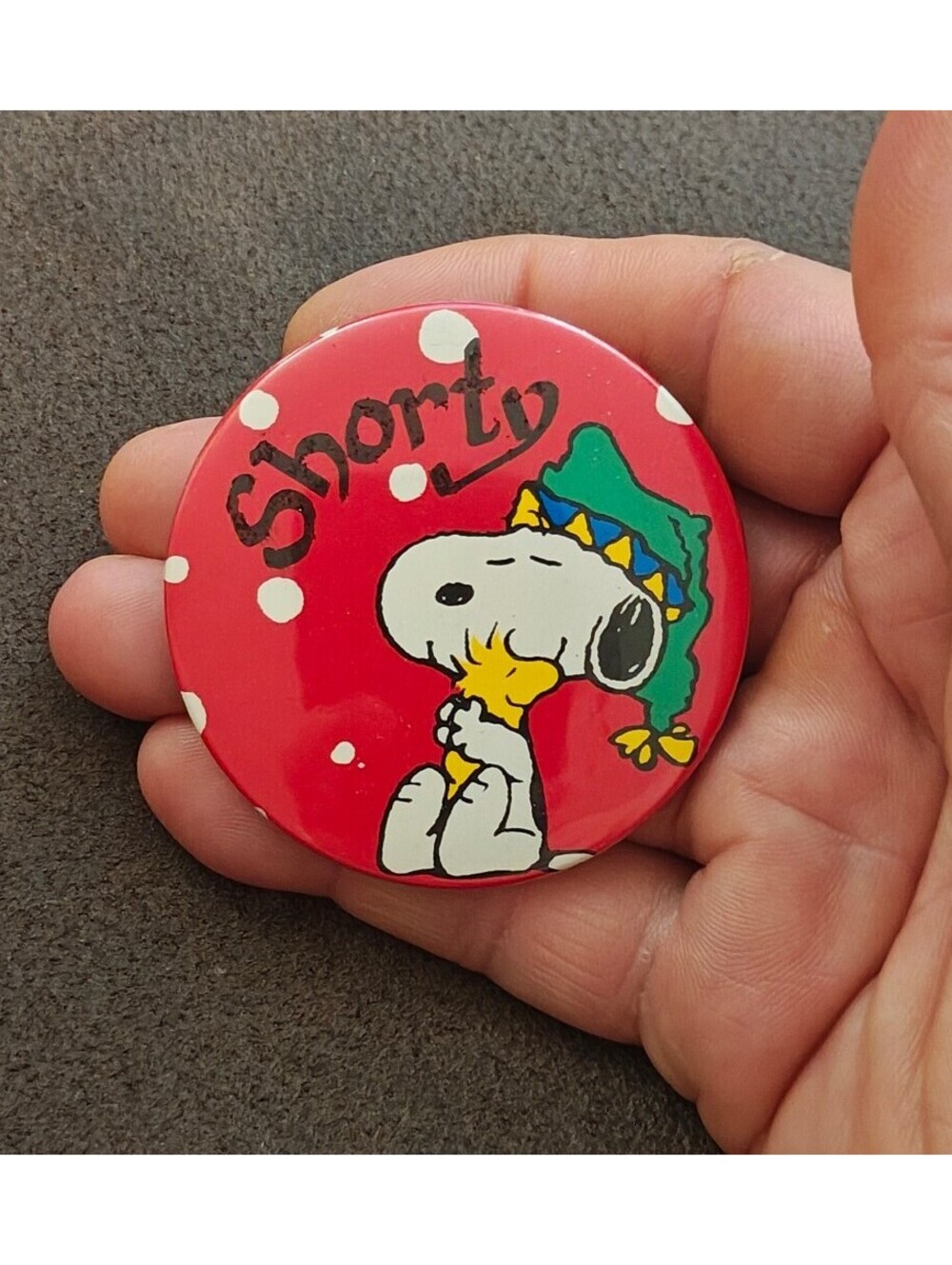 1970s Peanuts Snoopy & Woodstock Personalized Name "Shorty" Pinback Button